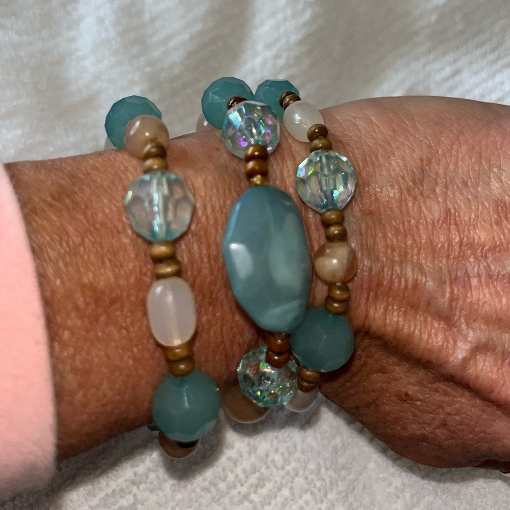 Boho Stretch Bracelet Set Teal Aqua Beaded Stack Lot of 3 Fashion Jewelry